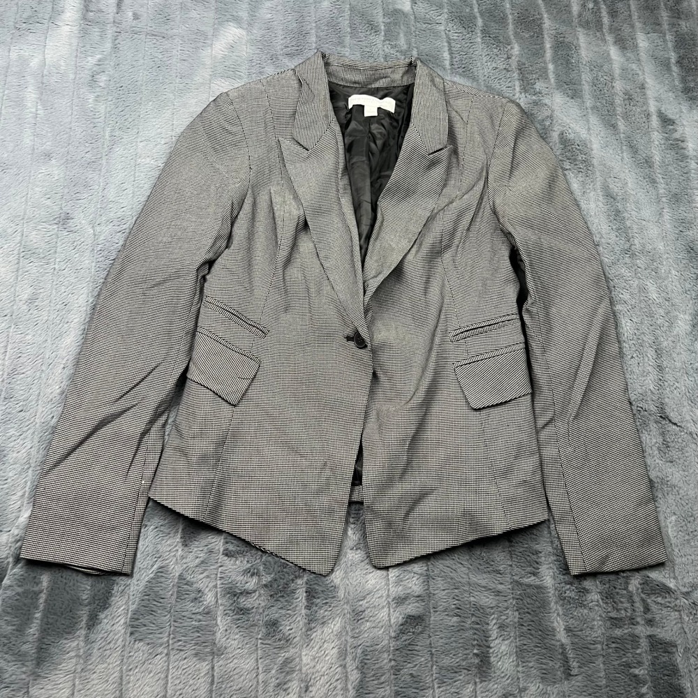 New York & Company Women 6 Black White Houndstooth Stretch One Button Blazer
